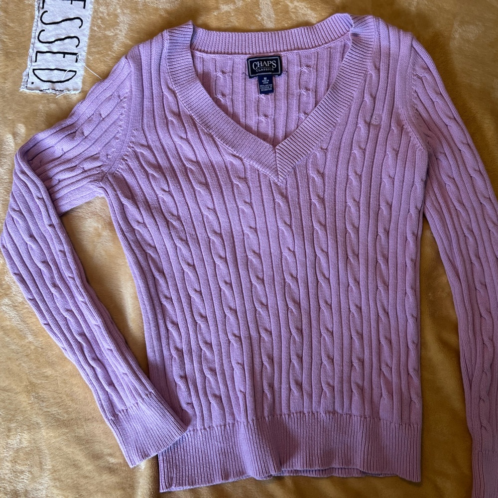 Chaps Purple V-Neck Cable Knit Sweater